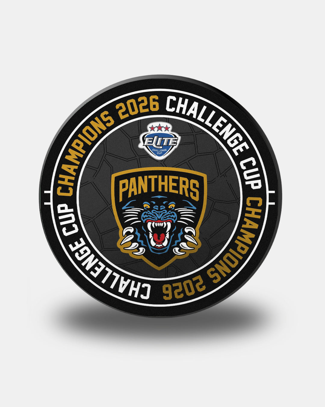 The Panthersland Panthers Challenge Cup 2026 Champions Puck features a black design with a panther logo, "Panthers" above it, "Challenge Cup Champions 2026" in gold and white around it, and the ELITE league logo at the top.