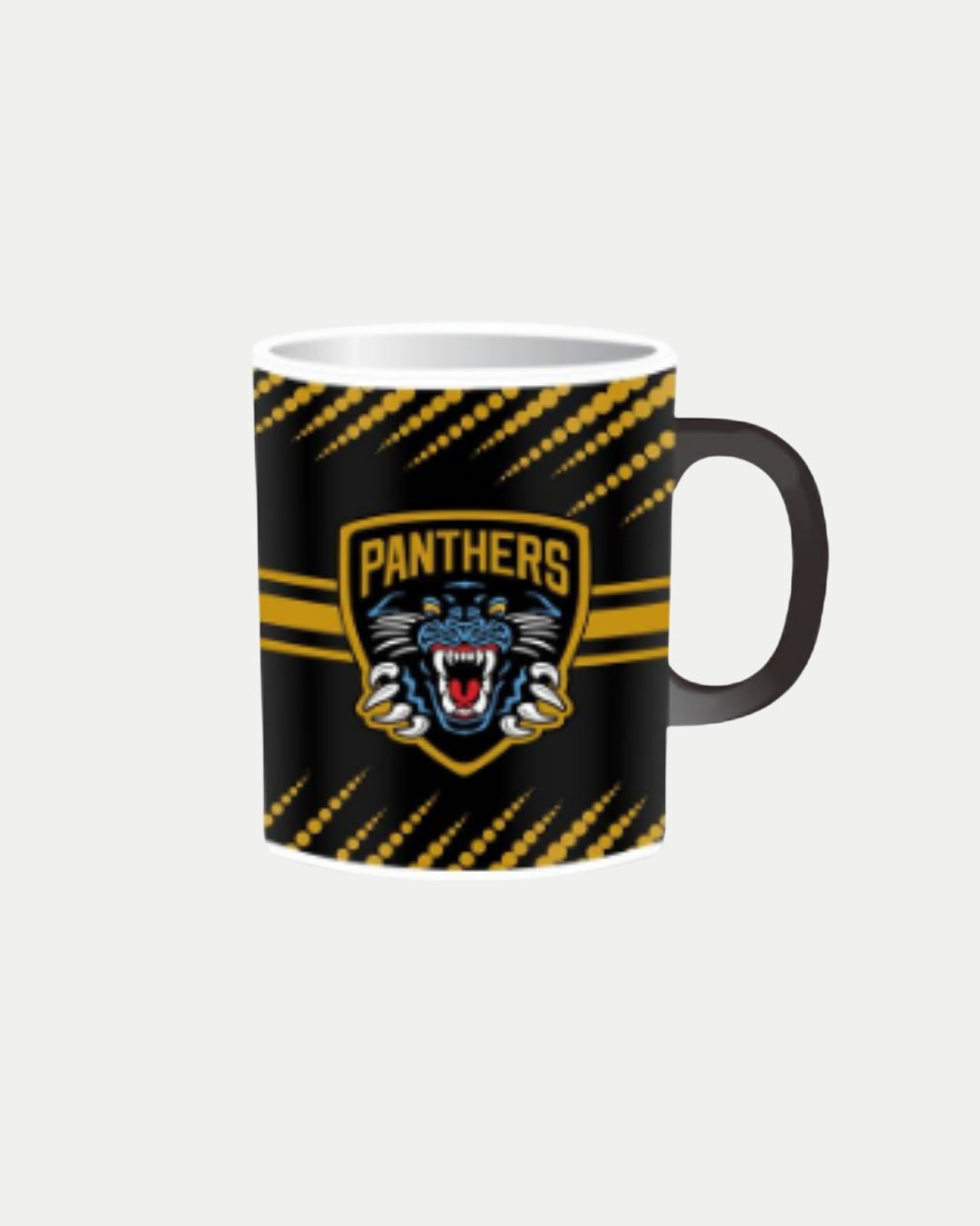 The Nottingham Panthers Black Mug 2025 features yellow diagonal stripes, a bold panther logo with PANTHERS beneath a roaring panther head, and a dark brown handle for added style. Official merchandise by Nottingham Panthers.