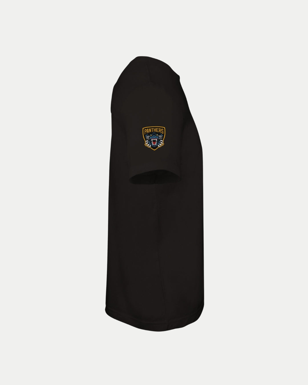 The Made-To-Order Panthers Est 1946 T-shirt Black & Gold by Nottingham Panthers is shown from the side, featuring a small logo patch on the upper arm against a plain white background.