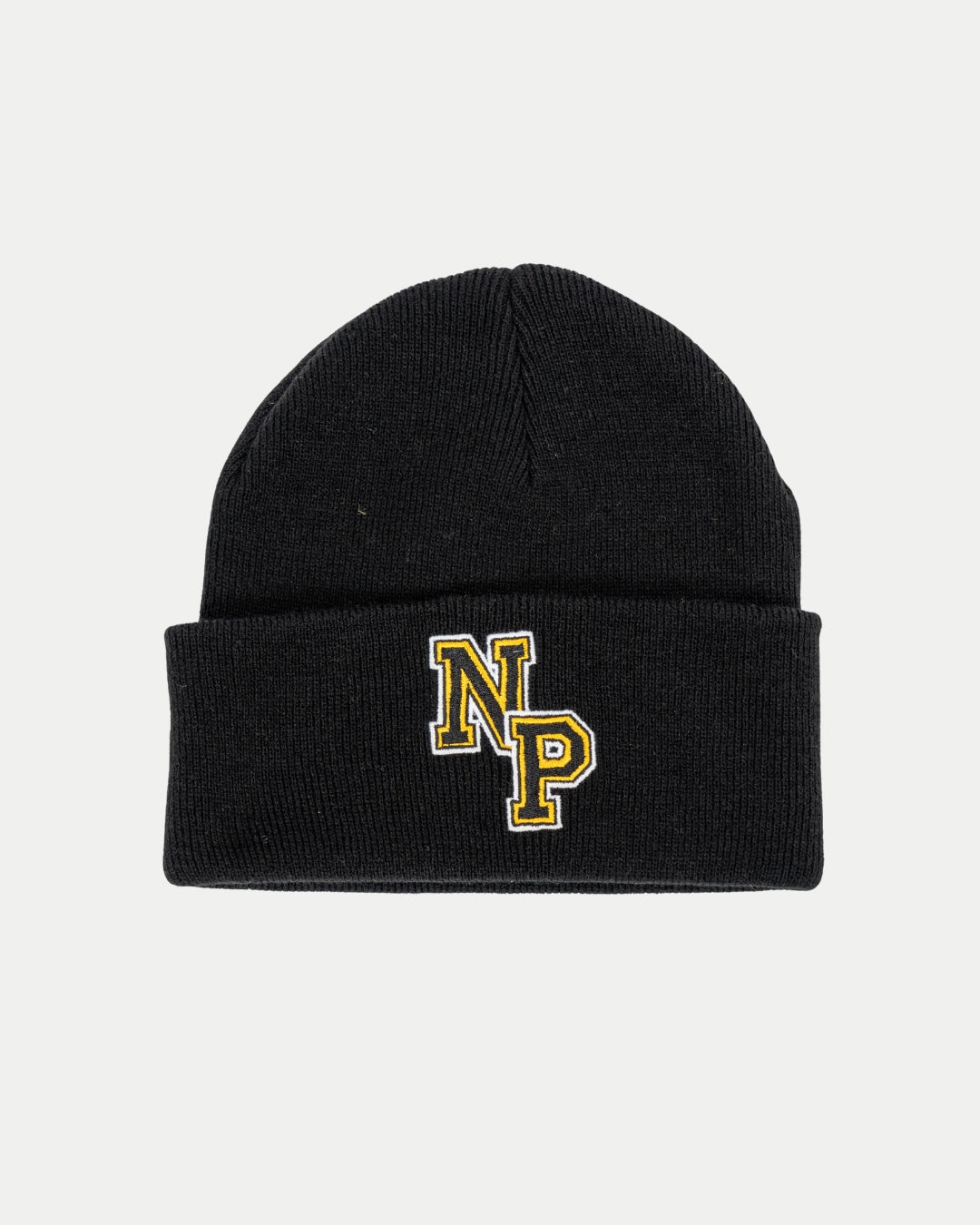 The NP Logo Black Beanie by Nottingham Panthers is a cozy black knit beanie with a folded brim, featuring the NP logo embroidered in yellow and white on the front.