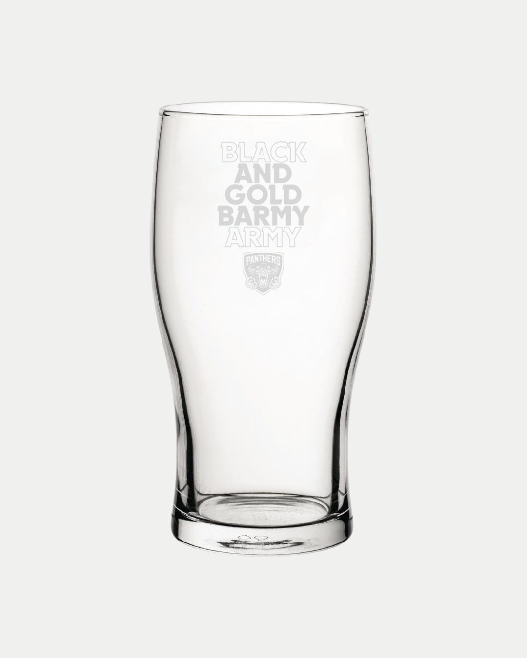 The Nottingham Panthers Black & Gold Pint Glass features “Barmy Army” text and a small etched Panthers logo on the front. Made to order to reduce waste; displayed on a white background. Delivery details shown at checkout.