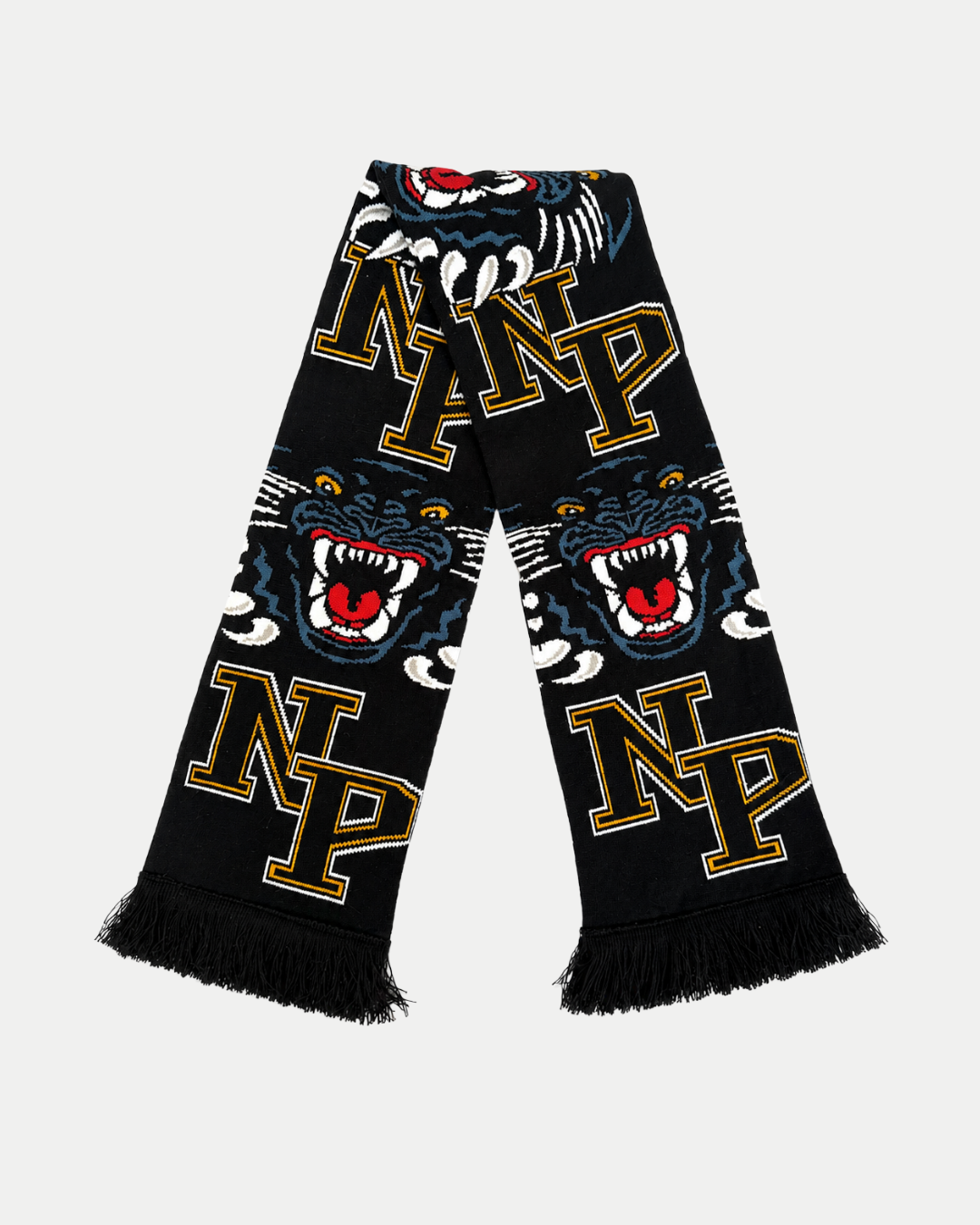 The Panthersland 26-27 NP Logo Scarf showcases a striking black design with bold yellow NP logos and roaring panther faces, representing the Nottingham Panthers, and is finished with stylish black fringes at both ends.