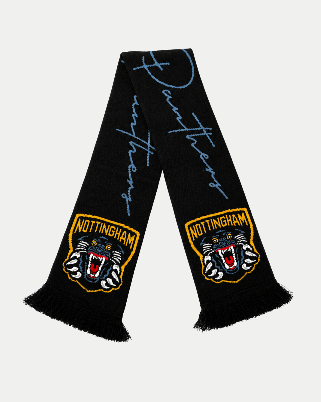 Introducing the 26-27 Signature Scarf from Panthersland – a black Nottingham Panthers scarf featuring “Panthers” in bold blue script. Each end showcases the club crest, complete with a roaring panther and yellow text, alongside the iconic NP logo. The scarf is finished with stylish black fringe on both ends.