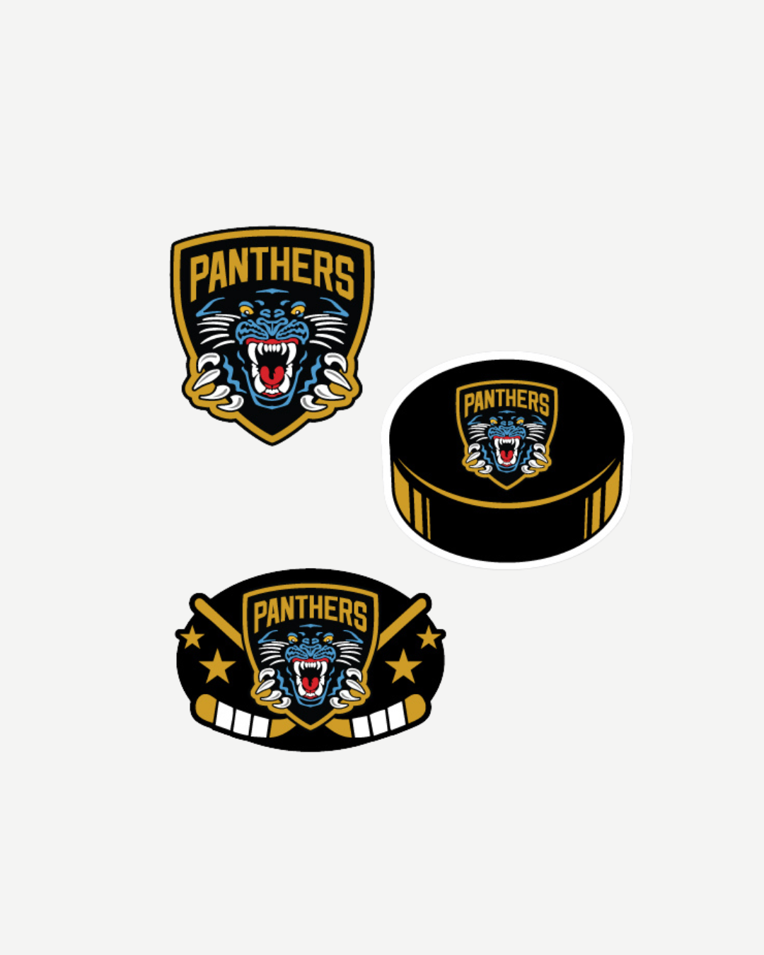 Panthersland Nottingham Panthers 3 Pack Air Fresheners featuring hockey-themed designs: a roaring panther logo, "Panthers" text, a puck, sticks, and stars in black, gold, and blue on a light background.