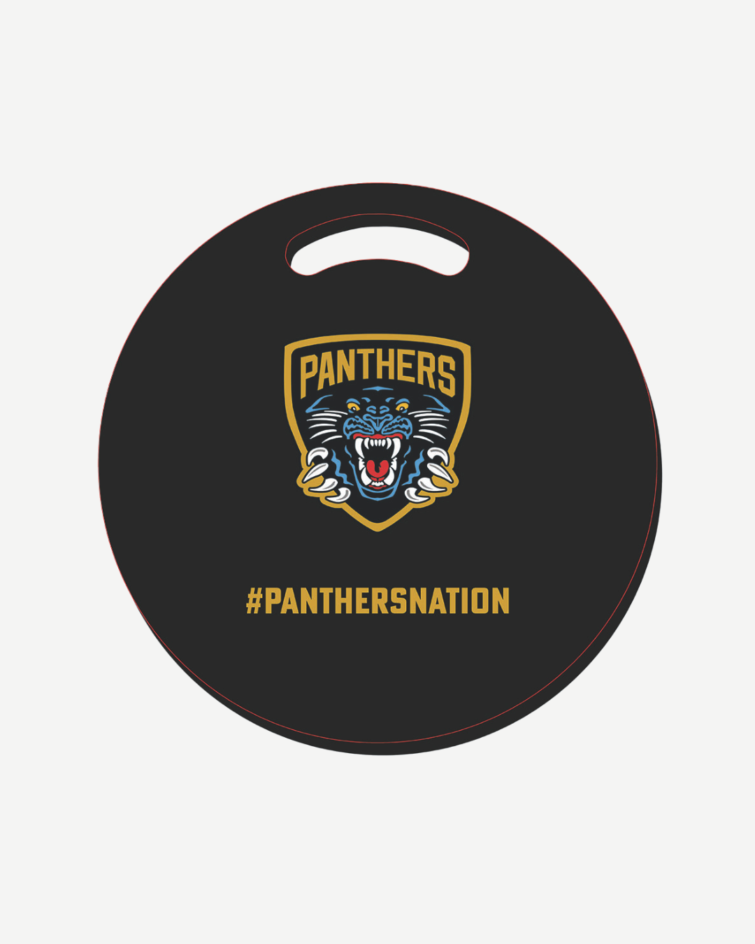 The Panthersland Nottingham Panthers Seat Pad is a 320mm round, 20mm thick seat pad with a handle, displaying a roaring panther logo, "PANTHERS," and #PANTHERSNATION in gold.