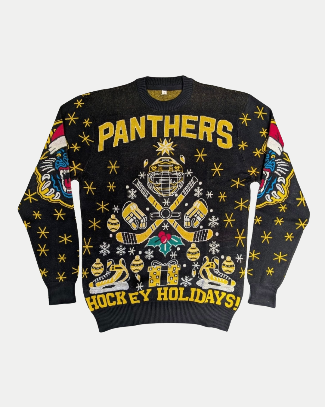 Black Nottingham Panthers Hockey Holidays Christmas Jumper featuring a goalie mask, crossed sticks, skates, and team heads on the sleeves, with the text PANTHERS and HOCKEY HOLIDAYS!.