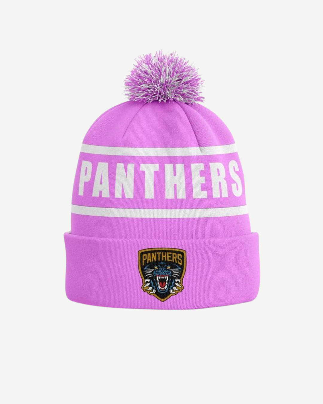 The Panthers Pink Beanie by Panthersland features pink and white colors, a pom-pom top, bold PANTHERS lettering, and a front cuff patch with the panther logo.