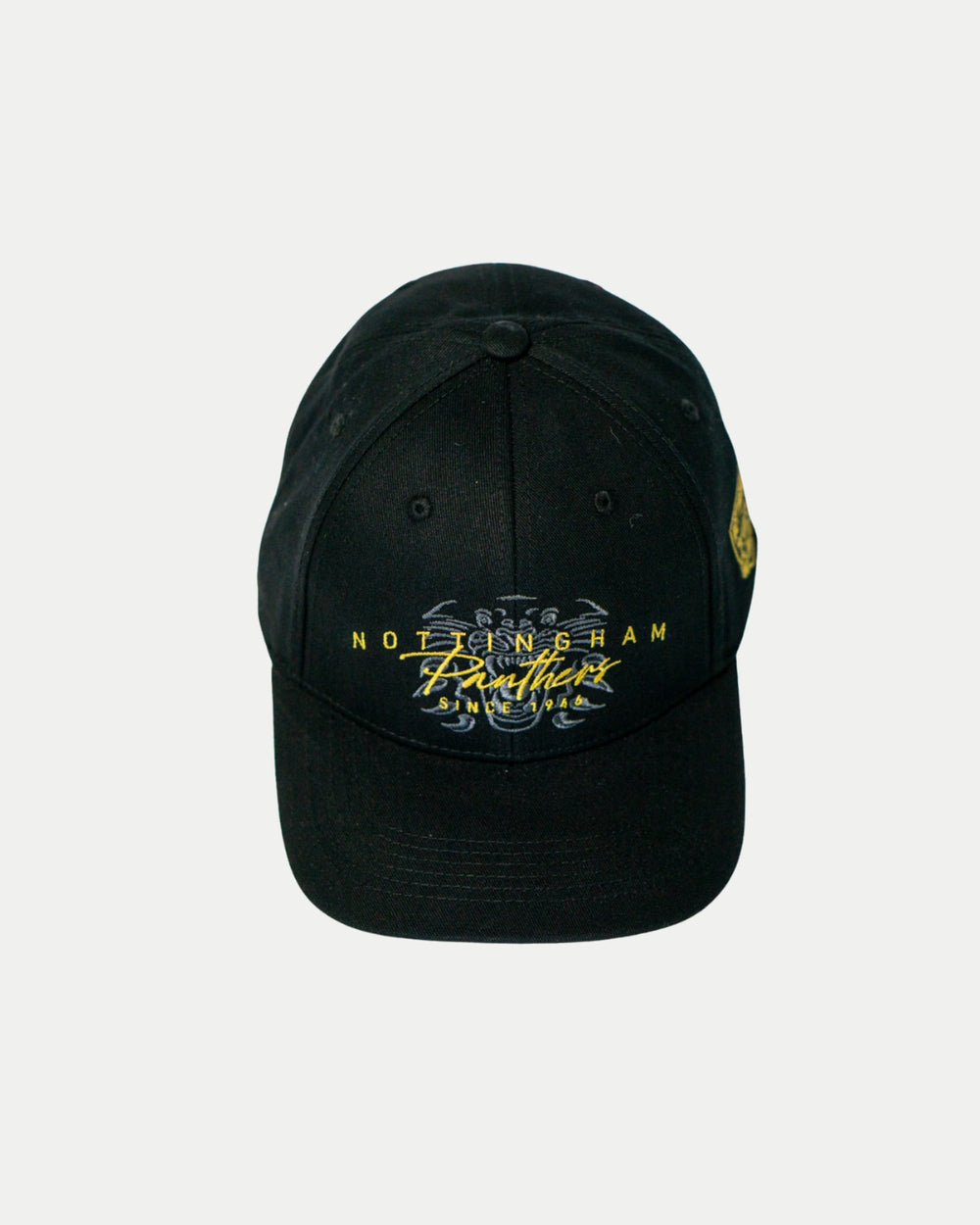 The Nottingham Panthers Signature Cap 25-26 by Panthersland features NOTTINGHAM and Panthers embroidered in yellow and white, plus a subtle graphic—an essential official fan item for any Nottingham Panthers supporter.