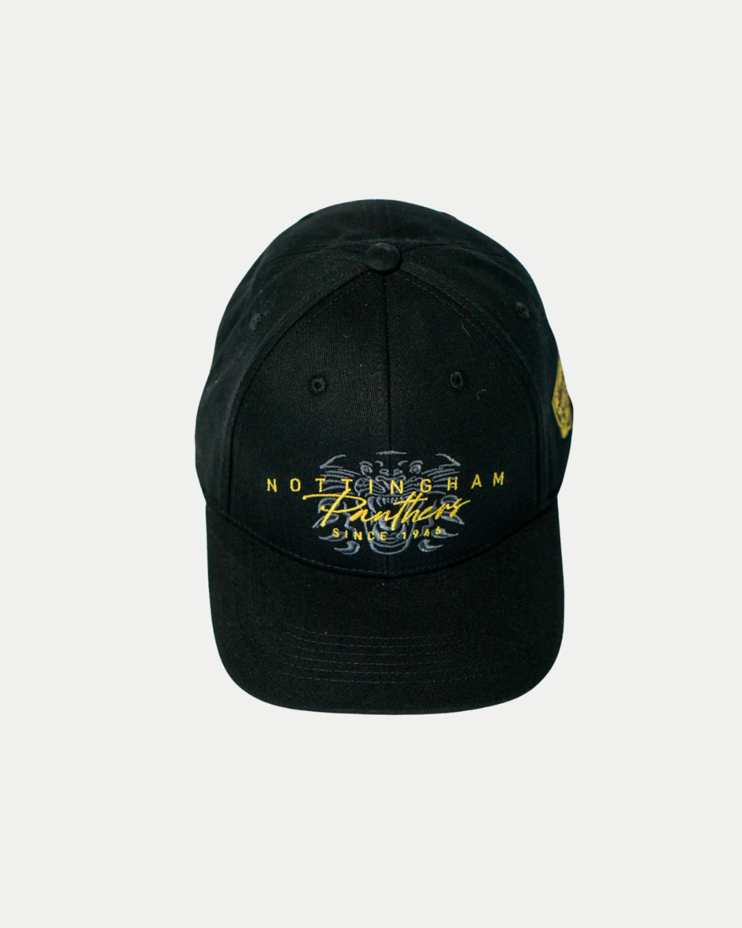 The Nottingham Panthers Signature Cap 25-26 by Panthersland features NOTTINGHAM and Panthers embroidered in yellow and white, plus a subtle graphic—an essential official fan item for any Nottingham Panthers supporter.