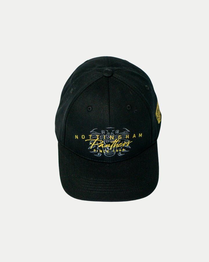 The Nottingham Panthers Signature Cap 25-26 by Panthersland features NOTTINGHAM and Panthers embroidered in yellow and white, plus a subtle graphic—an essential official fan item for any Nottingham Panthers supporter.