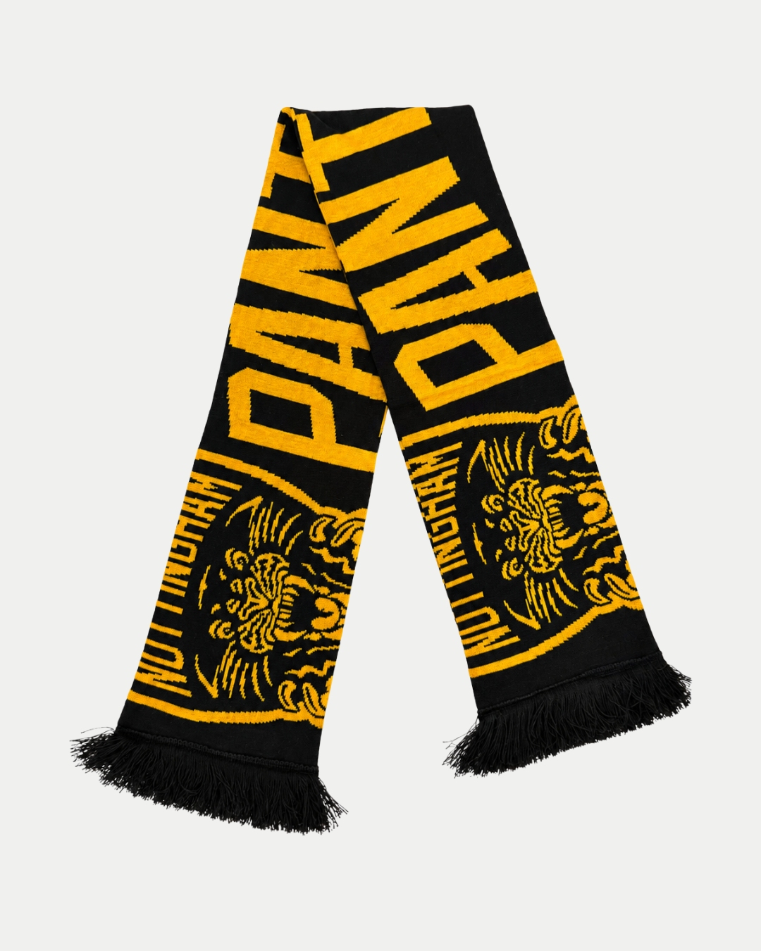 The Panthersland 26-27 Team Text Scarf is a black and yellow scarf featuring the word “PANTHERS” and a roaring panther face design, finished with black fringes at both ends—an essential accessory for any true Nottingham Panthers supporter.