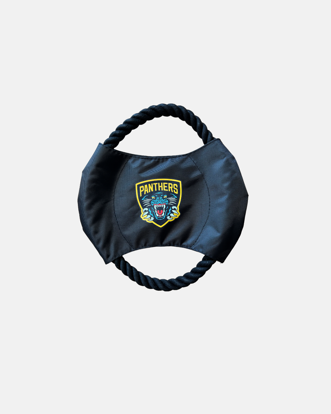 The Panthersland Nottingham Panthers Dog Toy is a black flying disk rope toy with a fabric center featuring the team’s roaring panther head on a yellow shield—ideal for fetch, shown on a plain light gray background.