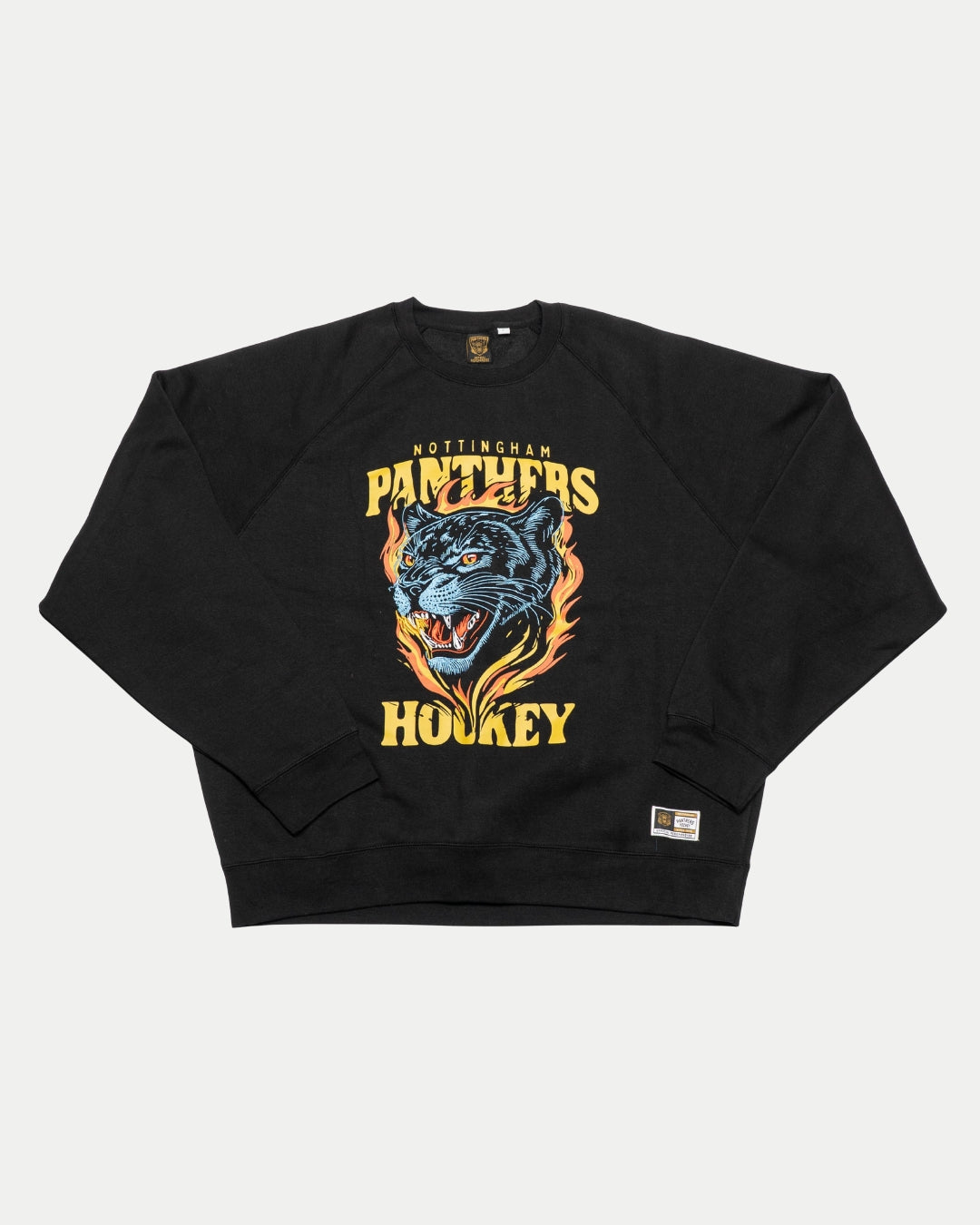 The Panthersland Nottingham Panthers Black Sweatshirt Large Print 25-26 features a bold flaming panther graphic and Nottingham Panthers Hockey in yellow and white on a classic black crewneck.