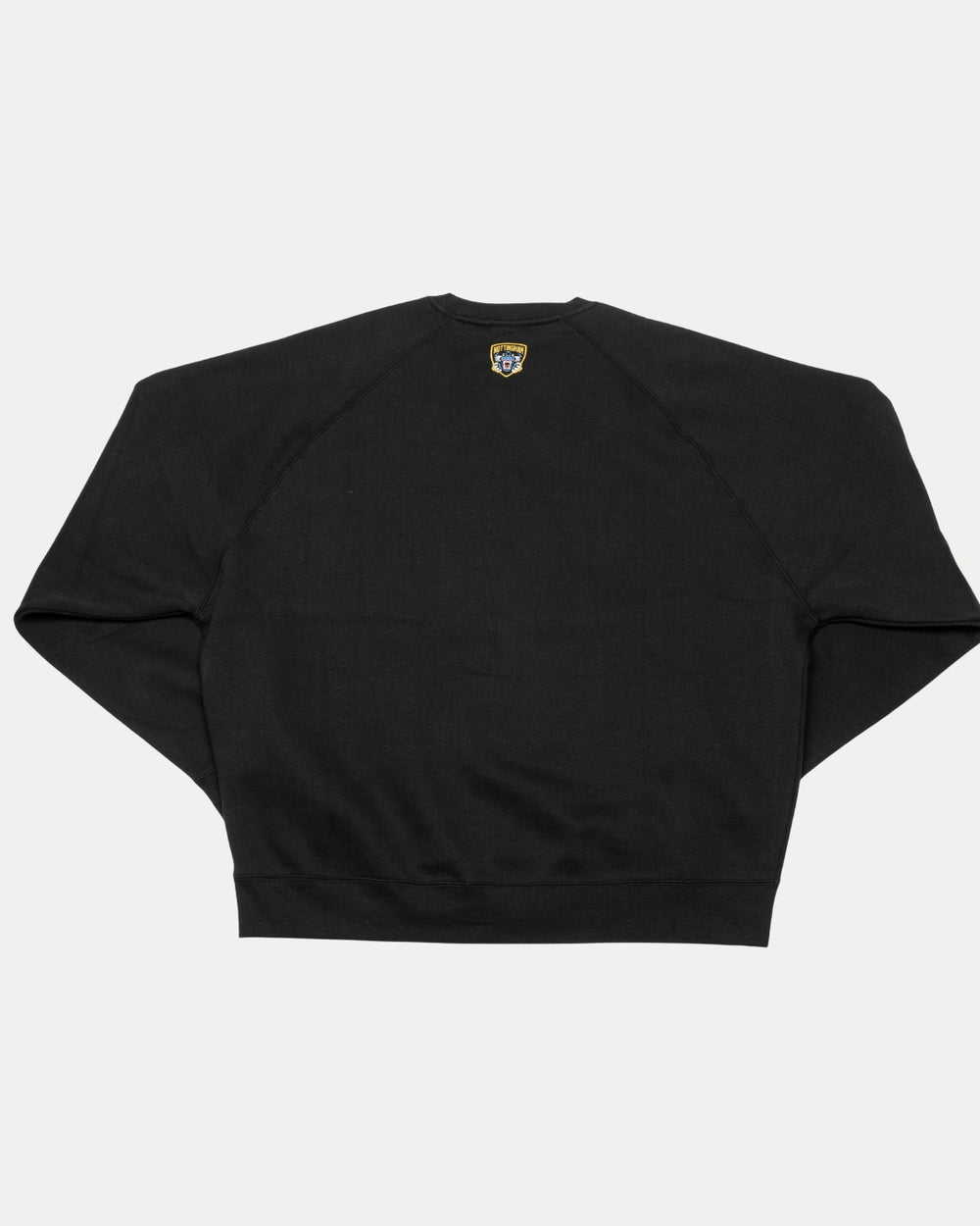 A black Panthersland sweatshirt (“Nottingham Panthers Black Sweatshirt Large Print 25-26”) laid flat, showing the back with a small flaming panther graphic patch at the upper center near the neckline.