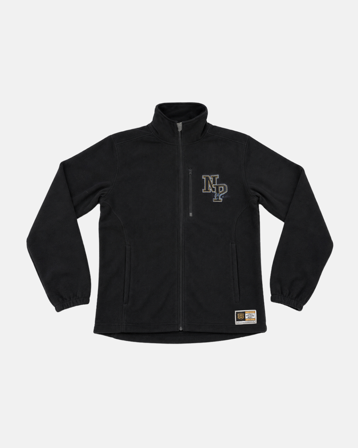Introducing the Panthersland 26-27 NP Logo Fleece Jacket: a black zip-up fleece jacket featuring side pockets, elastic cuffs, and an embroidered NP logo on the left chest, with a small rectangular patch near the right hem. This stylish Nottingham Panthers fleece is shown against a white background.