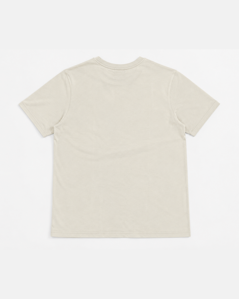 A 26-27 Vintage T-Shirt by Panthersland in beige, featuring short sleeves and a plain back, is laid flat on a white background and displayed from the rear view.
