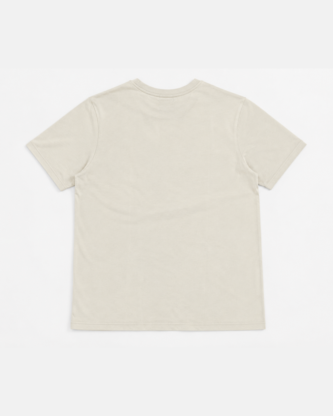 A 26-27 Vintage T-Shirt by Panthersland in beige, featuring short sleeves and a plain back, is laid flat on a white background and displayed from the rear view.
