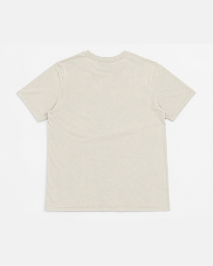A 26-27 Vintage T-Shirt by Panthersland in beige, featuring short sleeves and a plain back, is laid flat on a white background and displayed from the rear view.