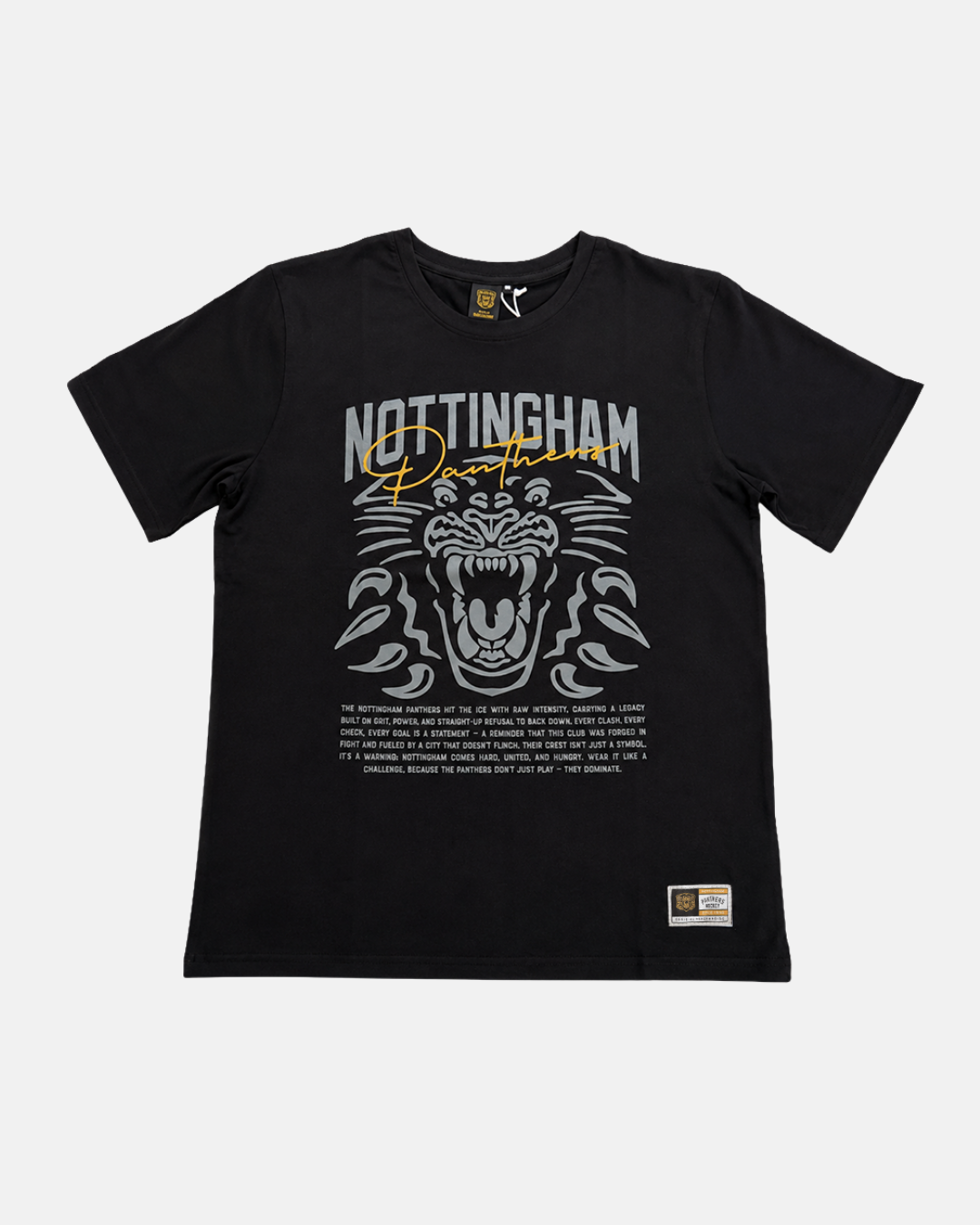 The Panthersland 26-27 Black Tonal T-Shirt features a striking graphic of a roaring tiger, bold yellow Nottingham text, and additional writing underneath. Designed for versatile casual wear, it offers a relaxed fit and is finished with a small stitched label on the bottom right. The shirt is displayed against a light gray background.