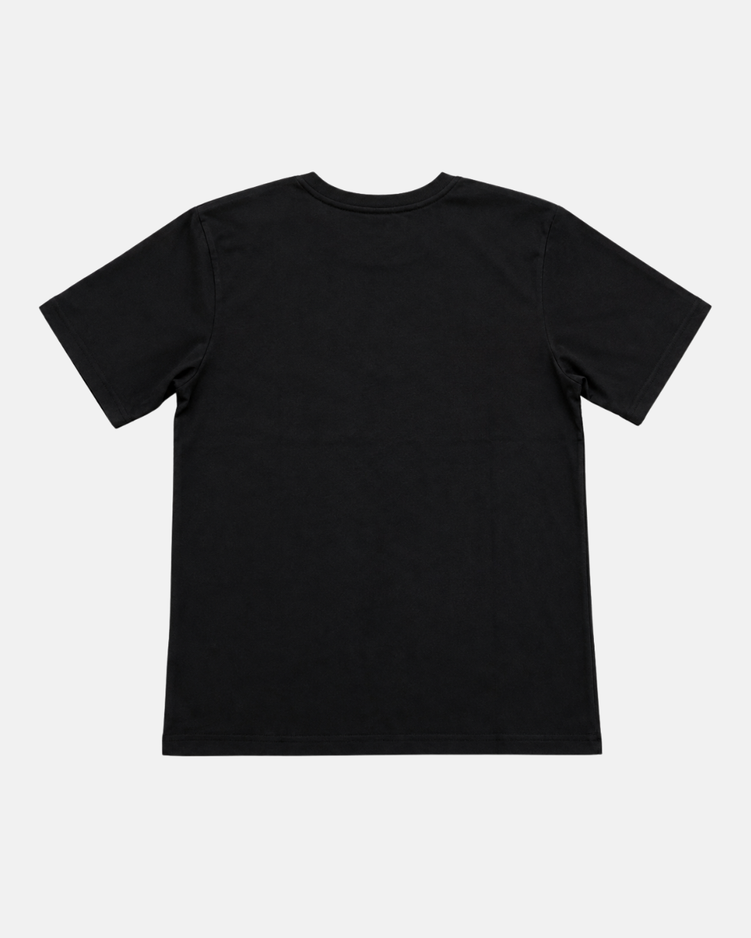 A plain black short-sleeve t-shirt, the 26-27 Black Tonal T-Shirt by Panthersland, is laid flat with the back facing up on a light gray background. This relaxed fit piece offers versatile, effortless style for everyday wear.