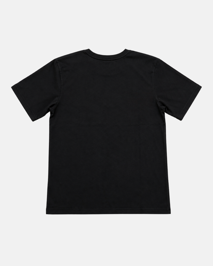 A plain black short-sleeve t-shirt, the 26-27 Black Tonal T-Shirt by Panthersland, is laid flat with the back facing up on a light gray background. This relaxed fit piece offers versatile, effortless style for everyday wear.