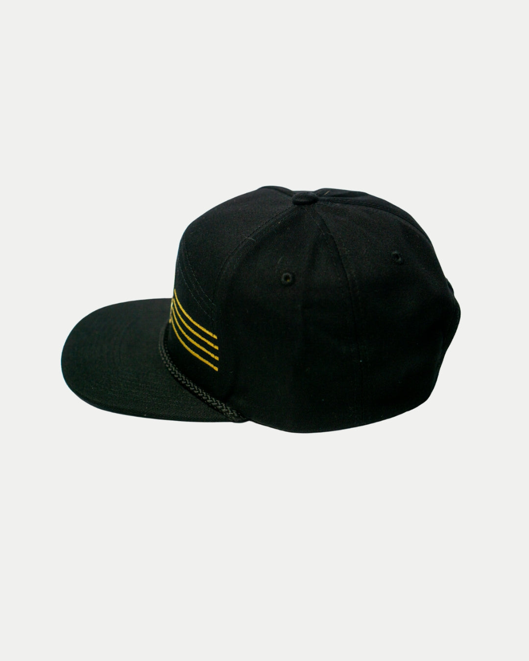 The Panthersland Nottingham Panthers 25-26 Four Stripe Flatbrim Cap is a black cap with a black braided cord, four gold side stripes, and a Panthers crest, shown on a plain white background.