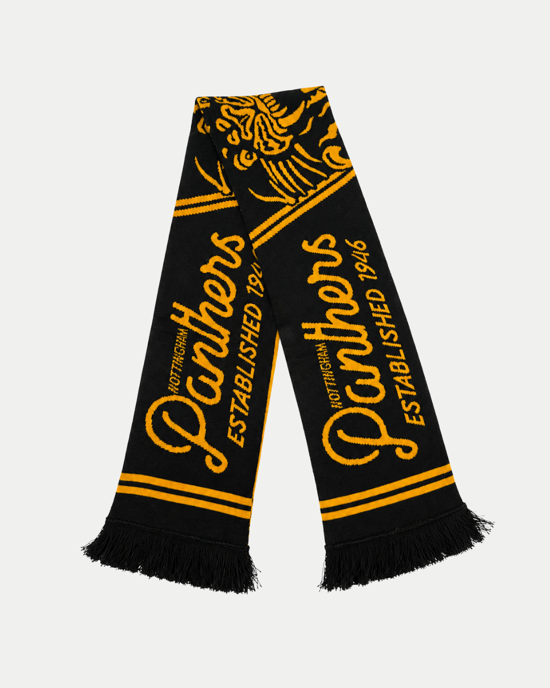 A standout match day accessory, the 26-27 Script Scarf by Panthersland comes in black and gold with “Panthers Established 1946” lettering and a bold tiger head motif. Finished with the classic Panthers logo and black fringe on both ends, it’s the ideal way to display your team pride.