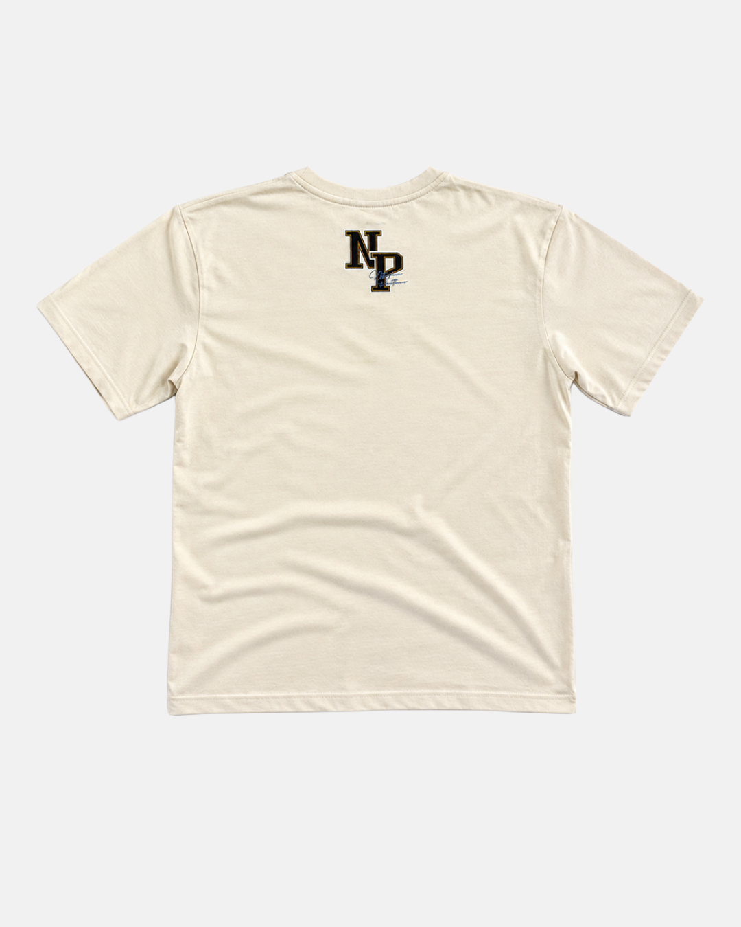The Panthersland 26-27 Kids Off White Crest T-Shirt features a relaxed fit and is made from heavy cotton for maximum comfort. Shown from the back, this plain off-white short-sleeve tee displays a small black and gold NDP logo in puff print near the top center below the neckline, making it perfect for young Nottingham Panthers fans who want to showcase their team pride in style.