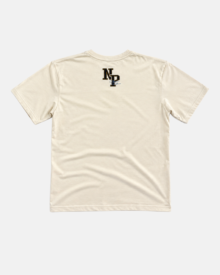 The Panthersland 26-27 Kids Off White Crest T-Shirt features a relaxed fit and is made from heavy cotton for maximum comfort. Shown from the back, this plain off-white short-sleeve tee displays a small black and gold NDP logo in puff print near the top center below the neckline, making it perfect for young Nottingham Panthers fans who want to showcase their team pride in style.