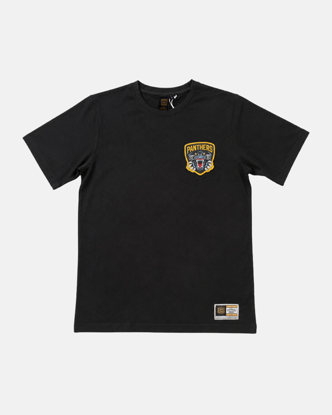 The 26-27 Black NP Logo T-Shirt by Panthersland features a panther crest patch on the left chest and a small NP logo label near the bottom hem.