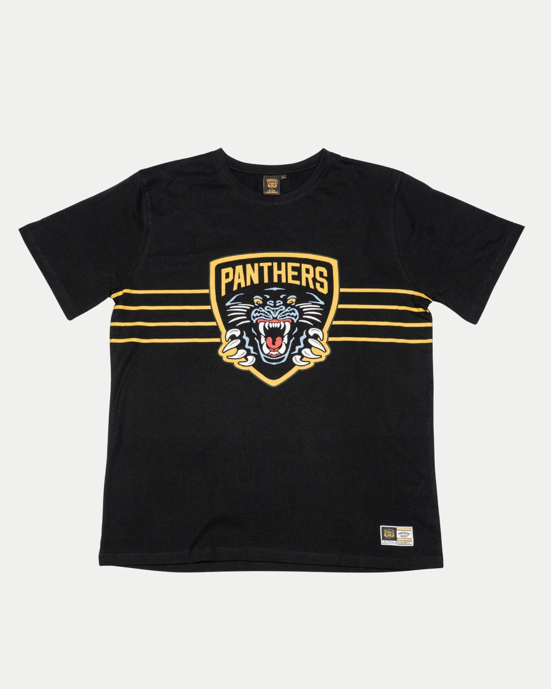 The Panthersland Nottingham Panthers 25-26 Junior Black Crest T-Shirt features yellow stripes, a large front logo with a roaring panther graphic, and a small tag at the hem—perfect for young fans.