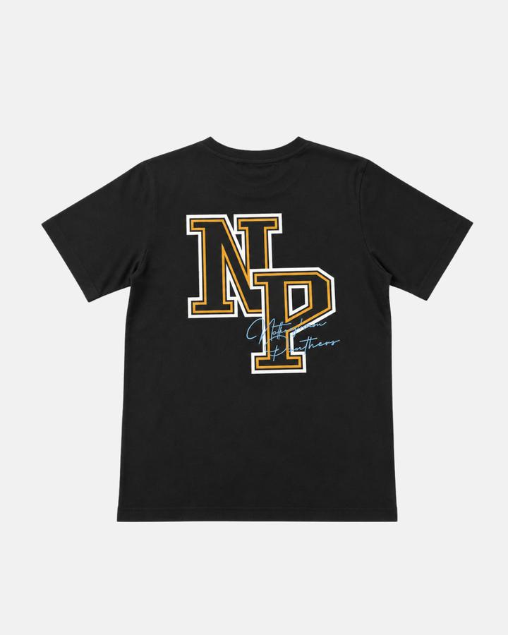 The Panthersland 26-27 Black NP Logo T-Shirt is displayed laid flat on a white background, showcasing its bold, large yellow-outlined NP logo letters across the back, accented by a blue stylized signature beneath.