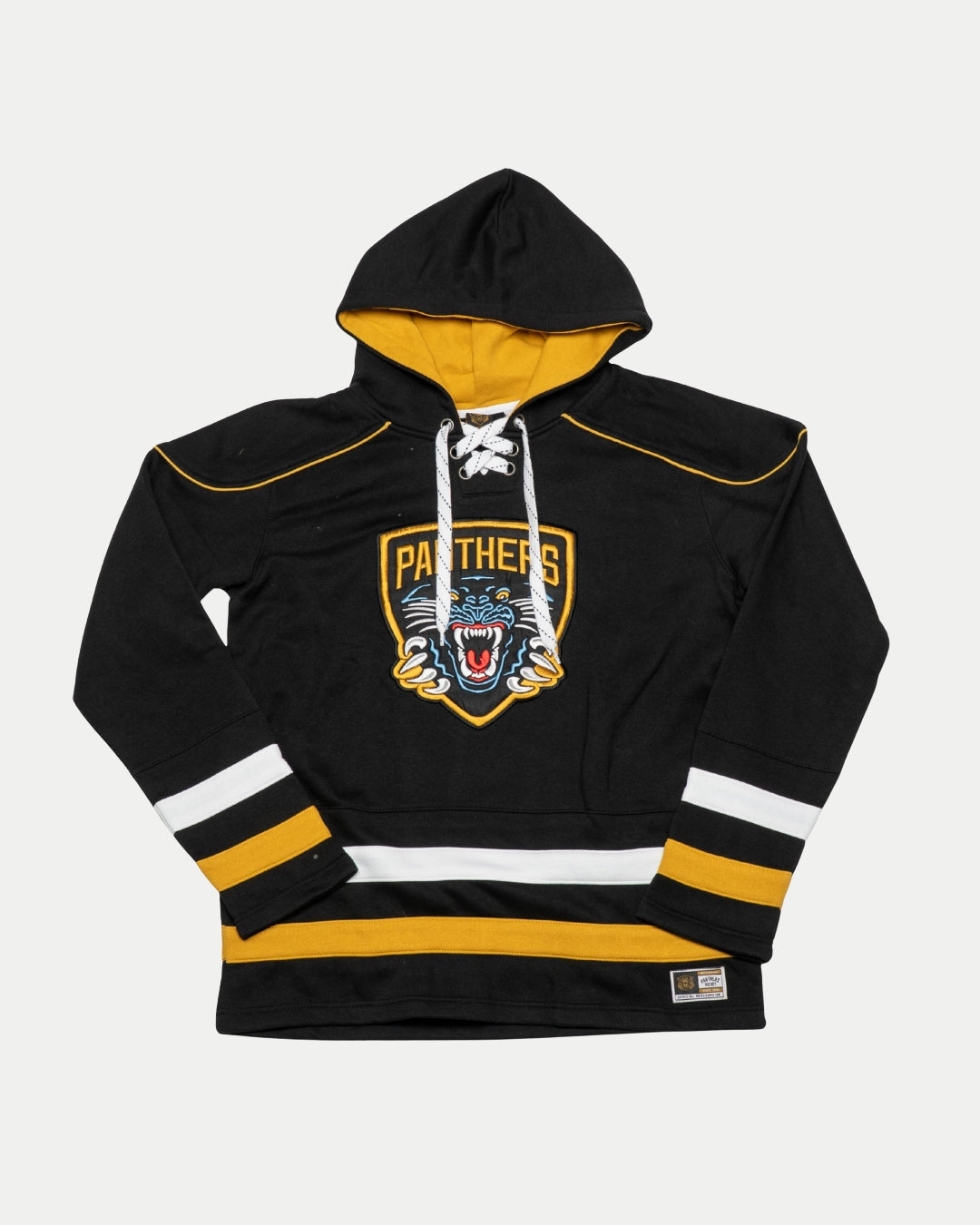The Panthersland Nottingham Panthers Hockey Hoodie Striped features black fabric, yellow and white sleeve and hem stripes, lace-up neckline, and a front roaring panther patch.