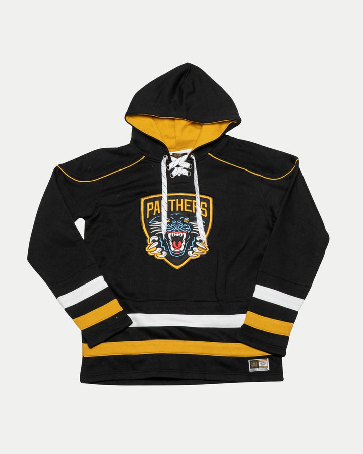 The Panthersland Nottingham Panthers Hockey Hoodie Striped features black fabric, yellow and white sleeve and hem stripes, lace-up neckline, and a front roaring panther patch.