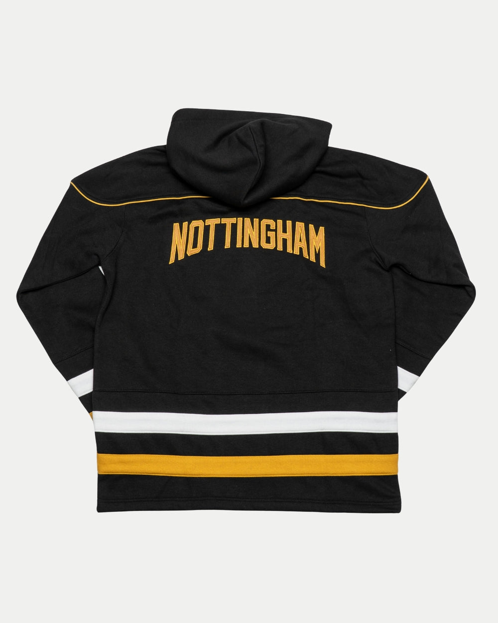 The Panthersland Nottingham Panthers Hockey Hoodie Striped features bold yellow NOTTINGHAM on the back, yellow and white stripes near the bottom, and white sleeve stripes. Classic style, laid flat on a white background.