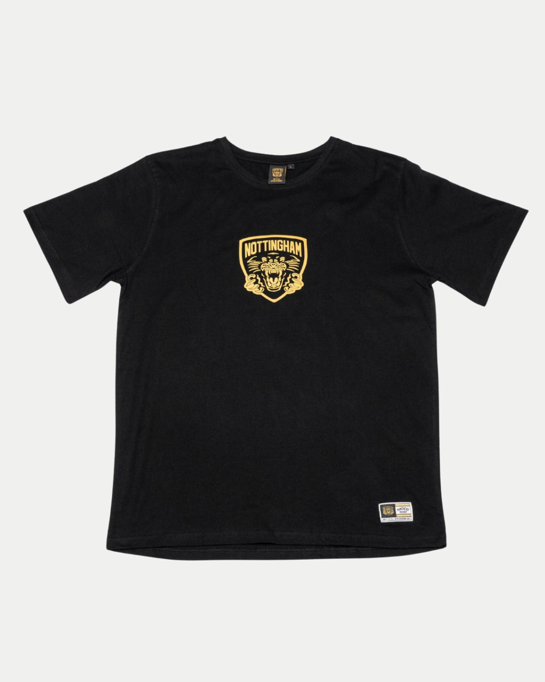 The Panthersland Nottingham Panthers 25-26 Black Big Backprint T-Shirt features a yellow shield tiger graphic with Nottingham on the chest and a small patch near the hem, inspired by classic panther shirt designs.