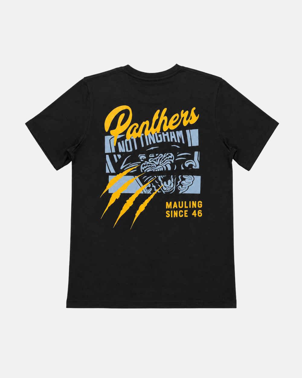 The Panthersland 26-27 Slice T-Shirt is the ultimate Nottingham Panthers apparel, featuring a striking back graphic that showcases the words “Panthers Nottingham Mauling Since 46,” a bold blue panther face, and vivid yellow claw marks—perfect for any dedicated Nottingham Panthers t-shirt collector.