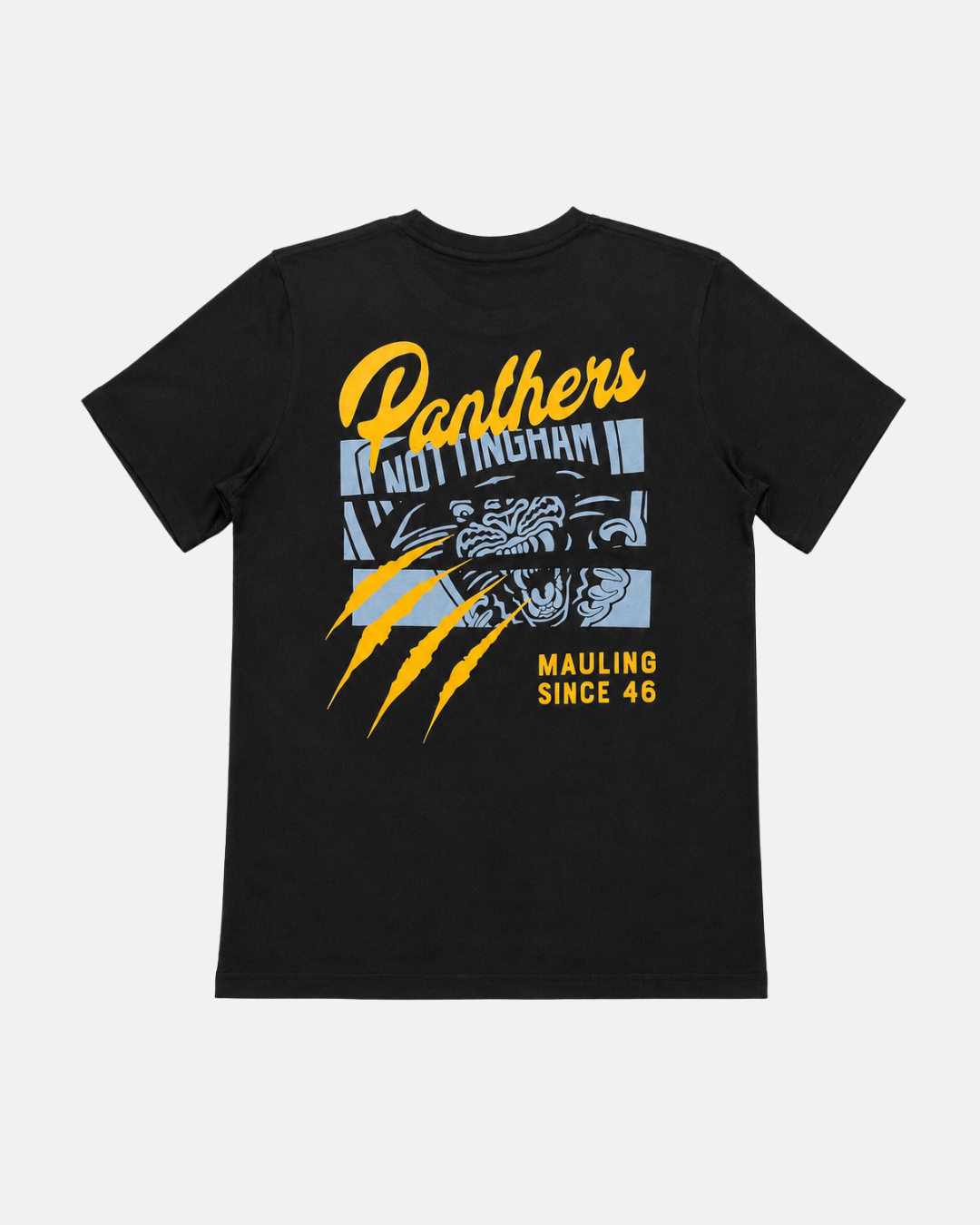 The Panthersland 26-27 Slice T-Shirt is the ultimate Nottingham Panthers apparel, featuring a striking back graphic that showcases the words “Panthers Nottingham Mauling Since 46,” a bold blue panther face, and vivid yellow claw marks—perfect for any dedicated Nottingham Panthers t-shirt collector.