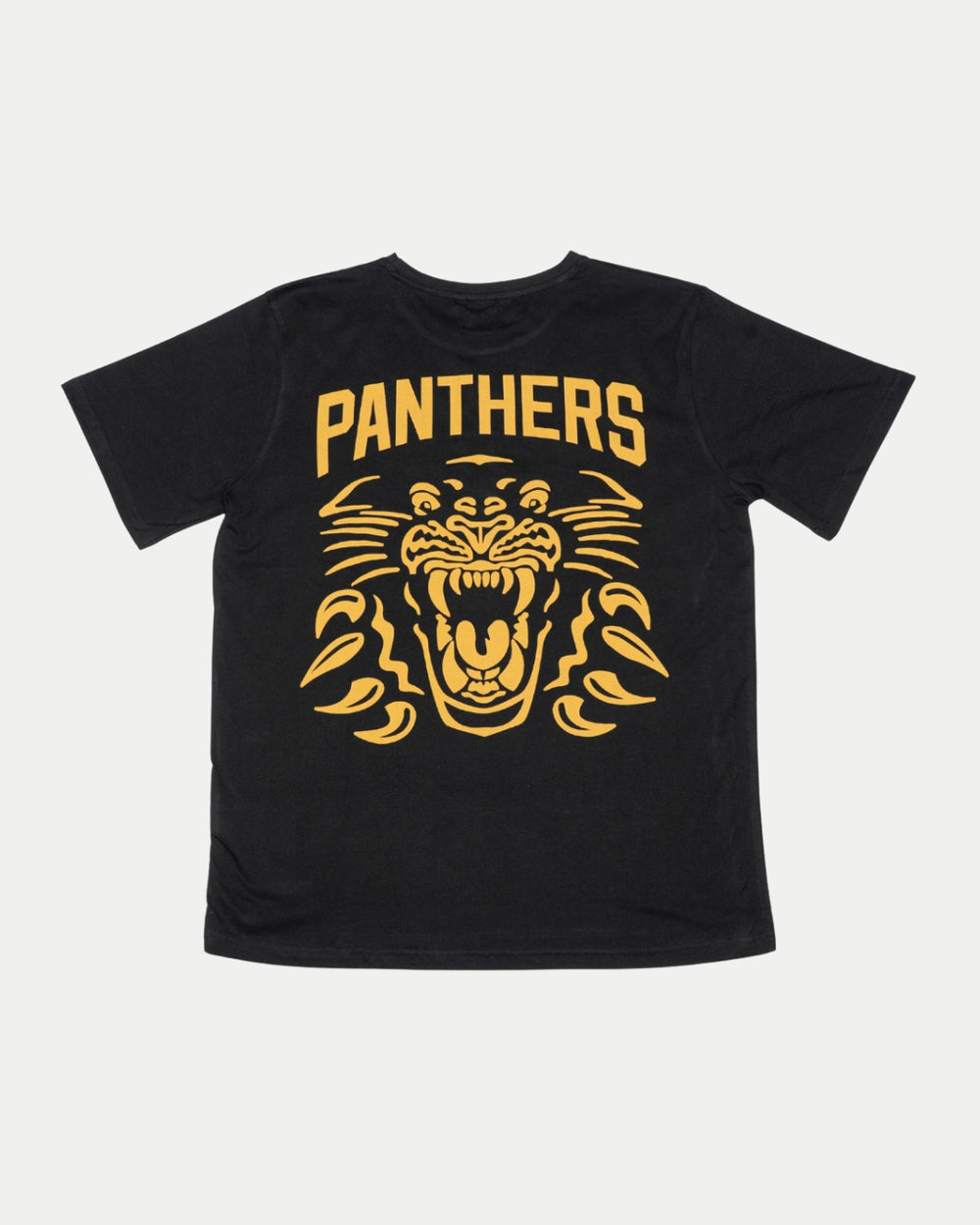 The Panthersland Nottingham Panthers 25-26 Black Big Backprint T-Shirt features a bold yellow PANTHERS graphic and a large stylized panther face on the back—ideal for fans seeking a standout tee.