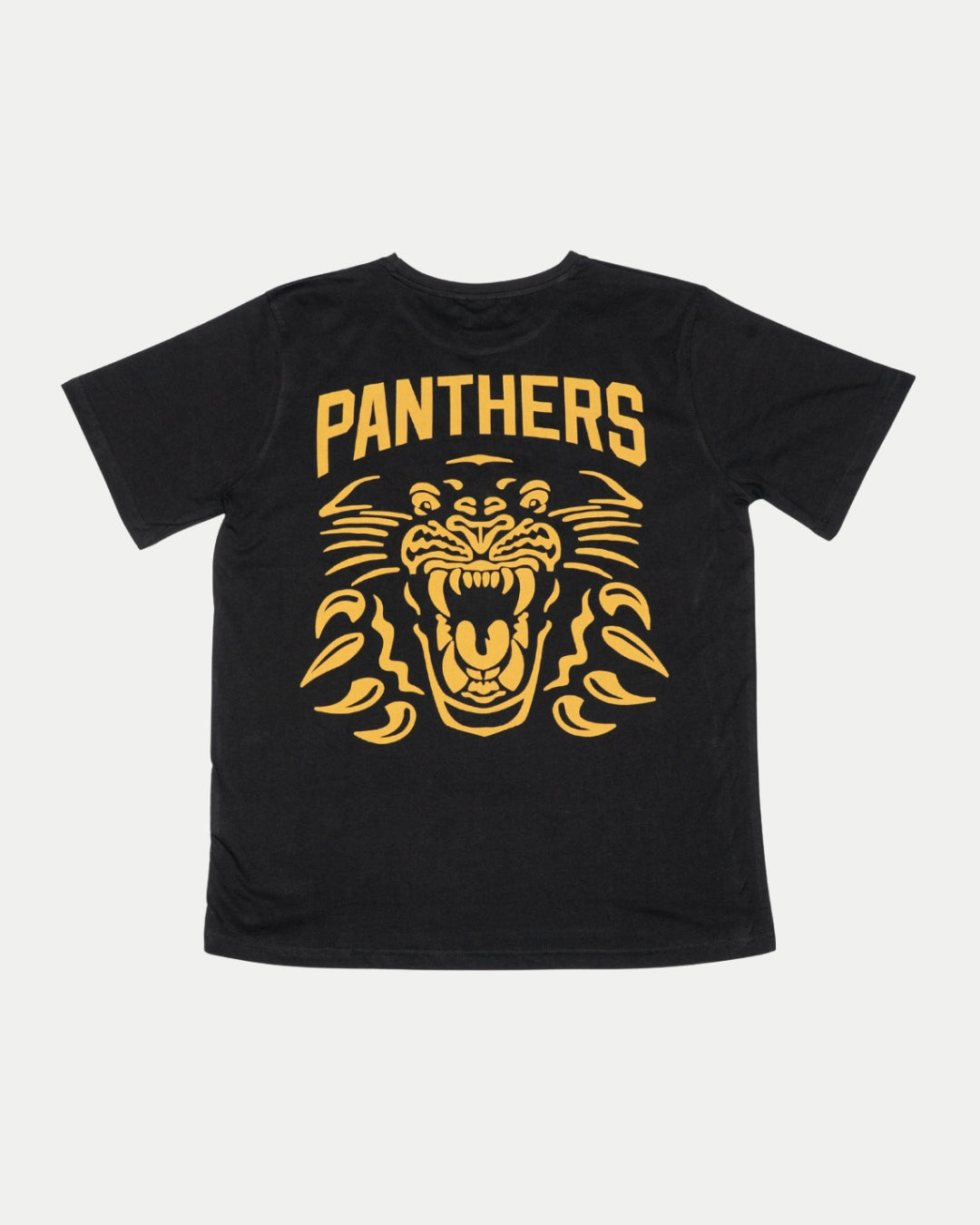 The Panthersland Nottingham Panthers 25-26 Black Big Backprint T-Shirt features a bold yellow PANTHERS graphic and a large stylized panther face on the back—ideal for fans seeking a standout tee.