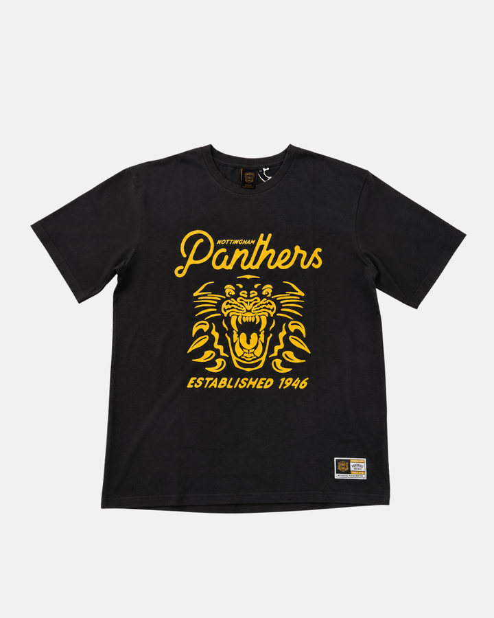 Introducing the Panthersland 26-27 Black Script T-Shirt—a black tee showcasing a bold yellow graphic of a roaring panther, “Nottingham Panthers,” and “Established 1946” on the front. Perfect for hockey fans, this must-have is finished with a small rectangular tag at the bottom hem.