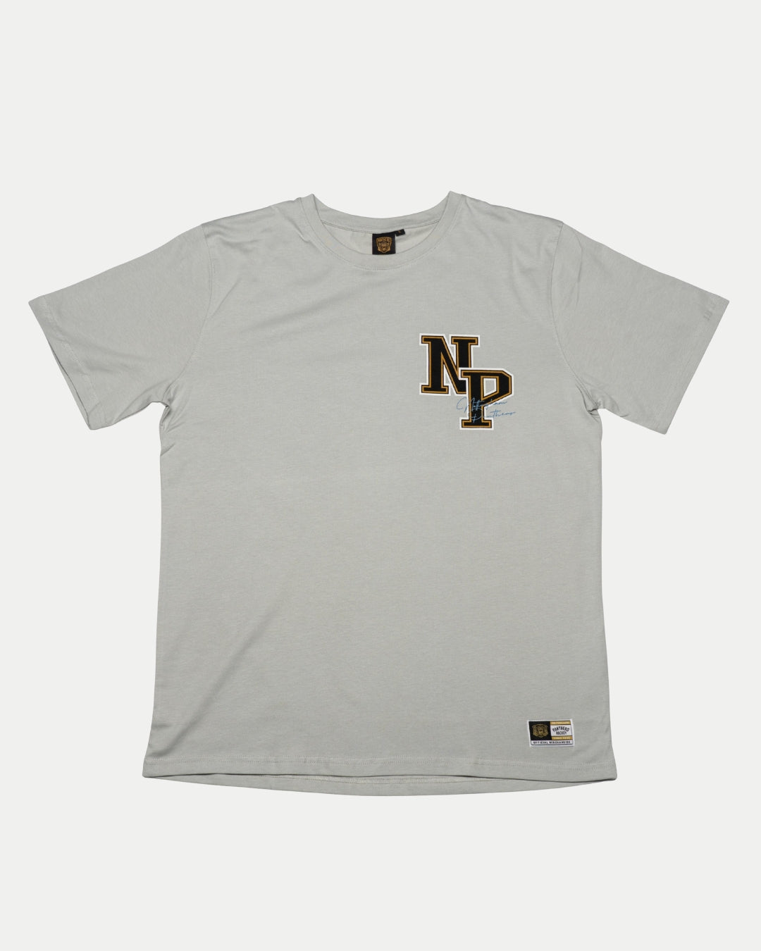 Support the Nottingham Panthers in style with the Panthersland 25-26 Junior Grey NP Logo T-Shirt, featuring bold black and gold NP on the left chest and a matching patch near the hem.