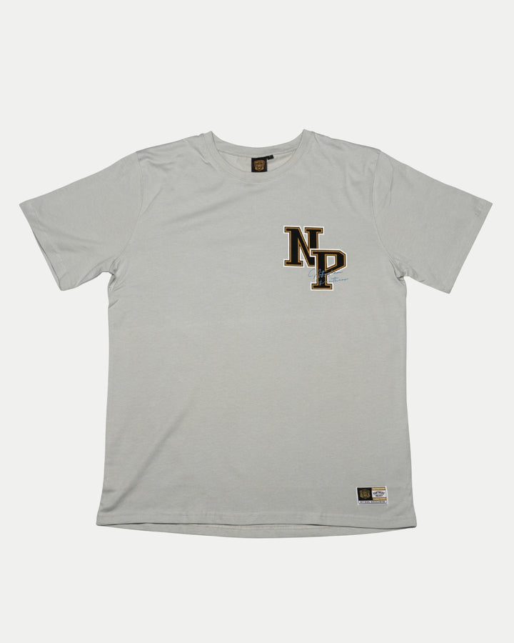 Support the Nottingham Panthers in style with the Panthersland 25-26 Junior Grey NP Logo T-Shirt, featuring bold black and gold NP on the left chest and a matching patch near the hem.