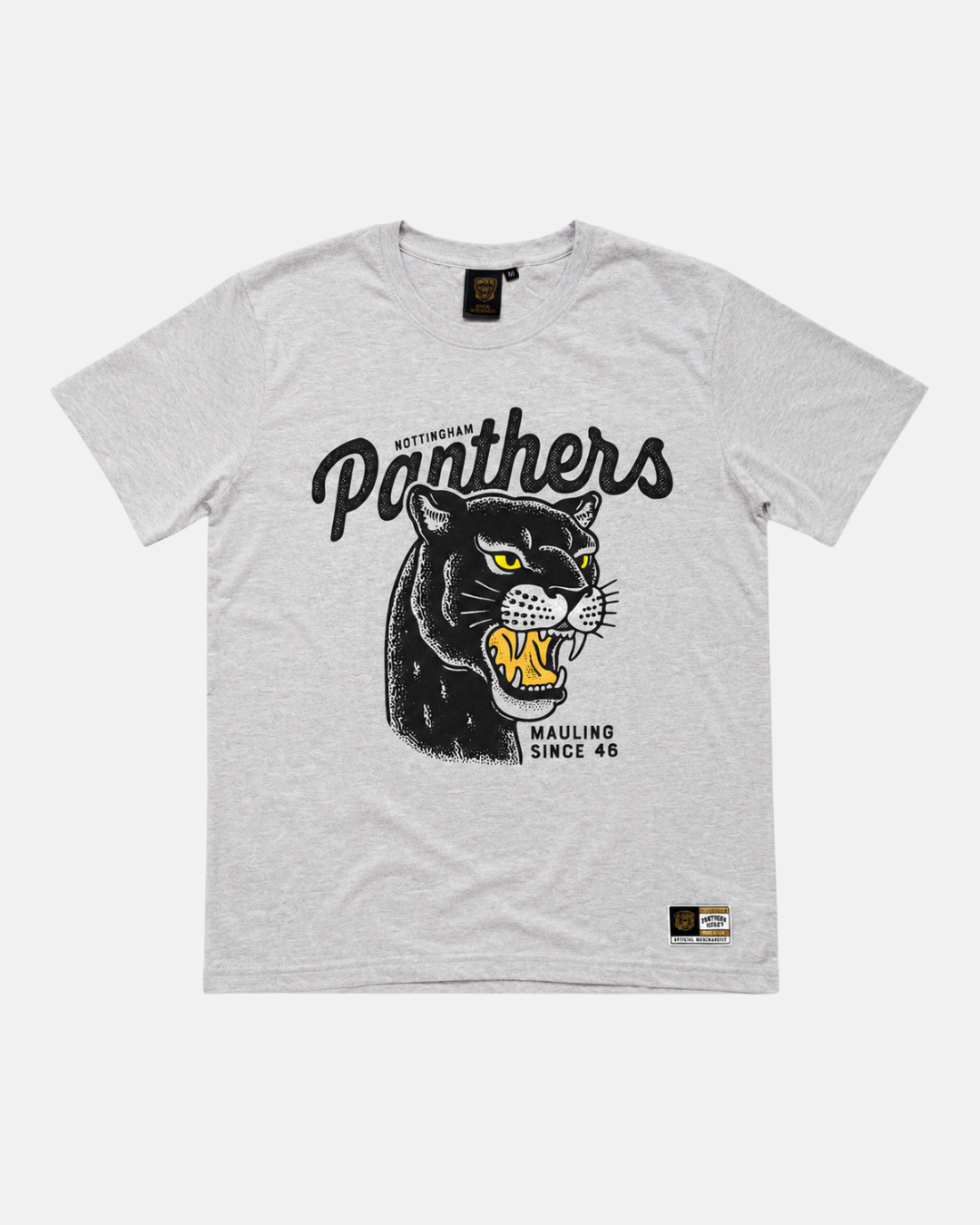The Panthersland 26-27 Grey Panther T-Shirt features a bold panther head graphic with “Nottingham Panthers” above and “Mauling Since 46” below, plus a small patch label near the bottom hem.