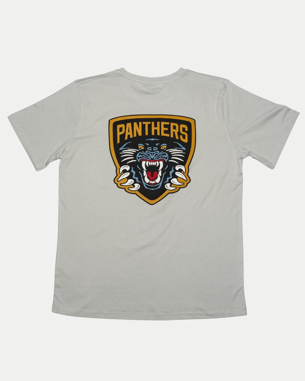 The Panthersland Nottingham Panthers 25-26 Grey NP Logo T-Shirt features a large shield-shaped Panthers logo with PANTHERS above a roaring panther head in black, blue, white, and gold—your game-day essential.