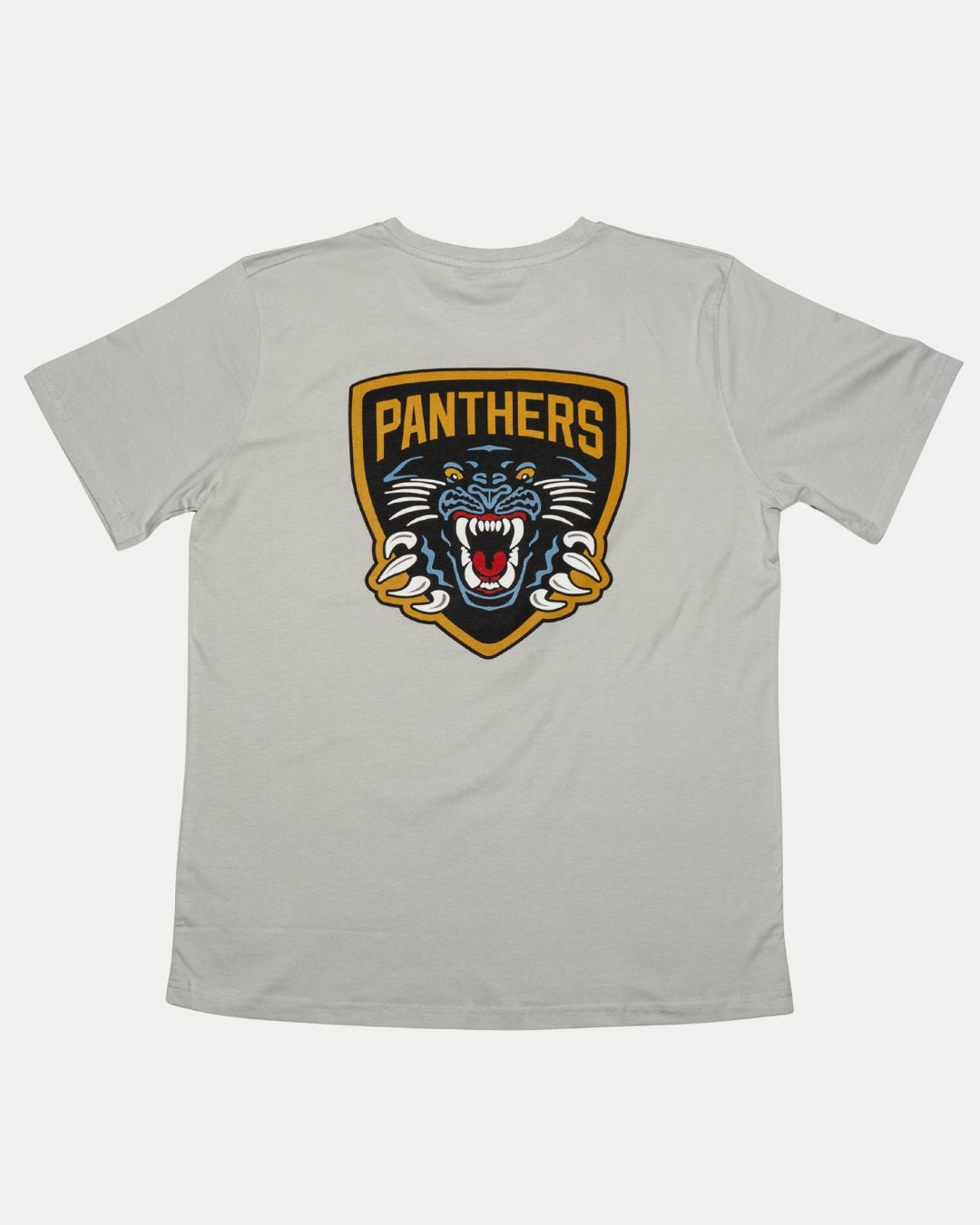 The Panthersland Nottingham Panthers 25-26 Grey NP Logo T-Shirt features a large shield-shaped Panthers logo with PANTHERS above a roaring panther head in black, blue, white, and gold—your game-day essential.