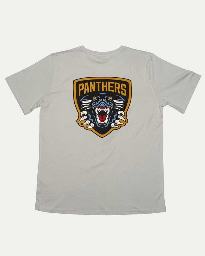 The Panthersland Nottingham Panthers 25-26 Grey NP Logo T-Shirt features a large shield-shaped Panthers logo with PANTHERS above a roaring panther head in black, blue, white, and gold—your game-day essential.