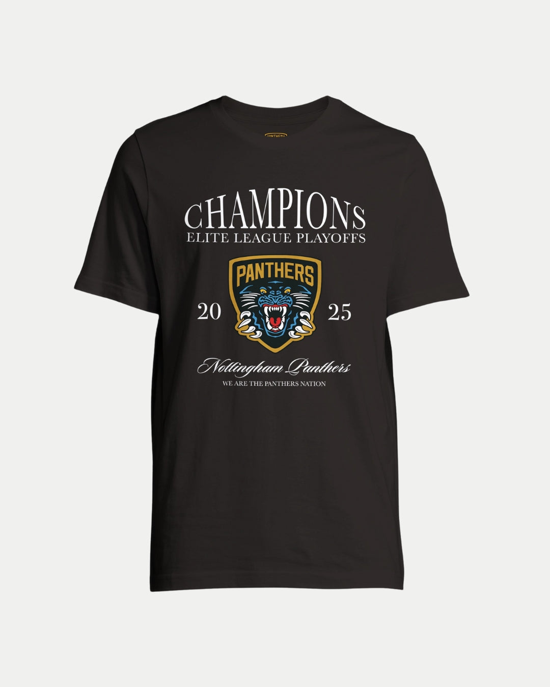 The Nottingham Panthers Made To Order Champions Elite League Playoffs 2025 T-shirt in black features a roaring panther logo, “PANTHERS,” “2025,” and “Nottingham Panthers” on eco-conscious unisex apparel.