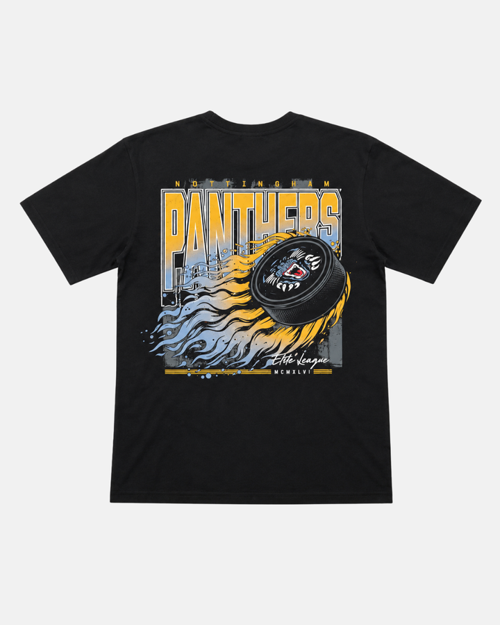 Celebrate your team spirit with the Panthersland 26-27 Puck T-Shirt, expertly crafted from premium black fabric. The striking design showcases a fierce, flaming hockey puck with eyes and teeth, bold yellow “Nottingham Panthers” lettering, and stylized text beneath—creating a standout sports and team-themed look.
