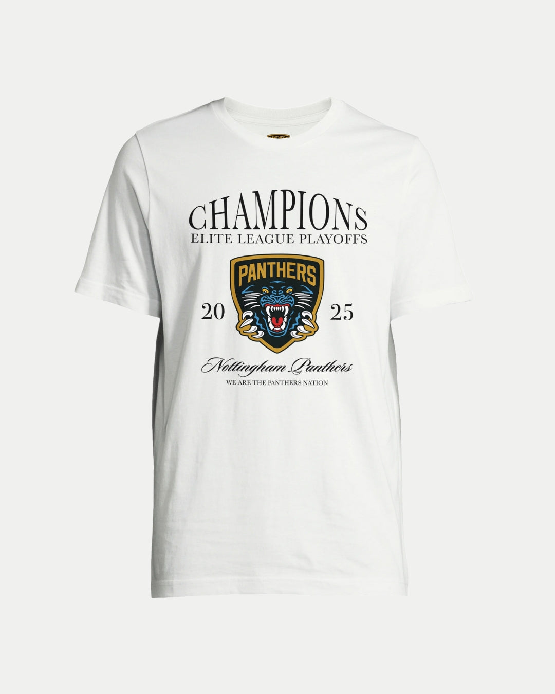 The Nottingham Panthers Made To Order Champions Elite League Playoffs 2025 T-shirt in white showcases a bold panther logo and “WE ARE THE PANTHERS NATION” printed on the front, perfect for eco-conscious fans.